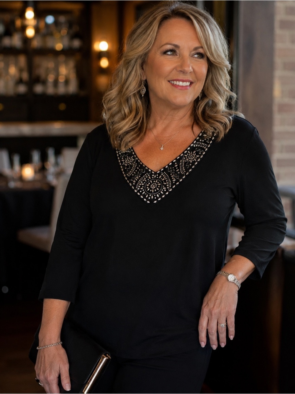 Karen Scott Black V-Neck Top with Embellished Neckline
